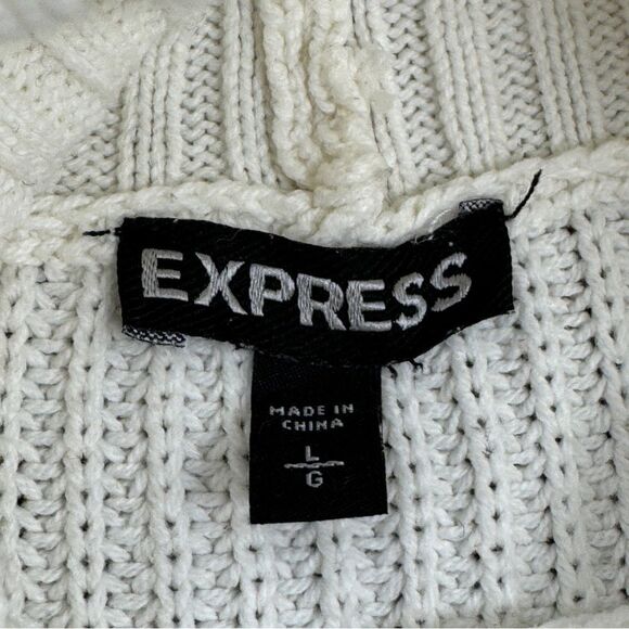 Express Ribbed Asymmetrical Hem Split Side Long Sweater Cream Large Turtle Neck - Picture 9 of 14